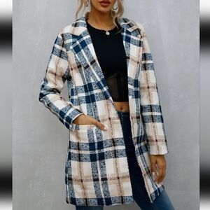 GYK women’s plaid button front blazer teal burgundy ivory tunic length new